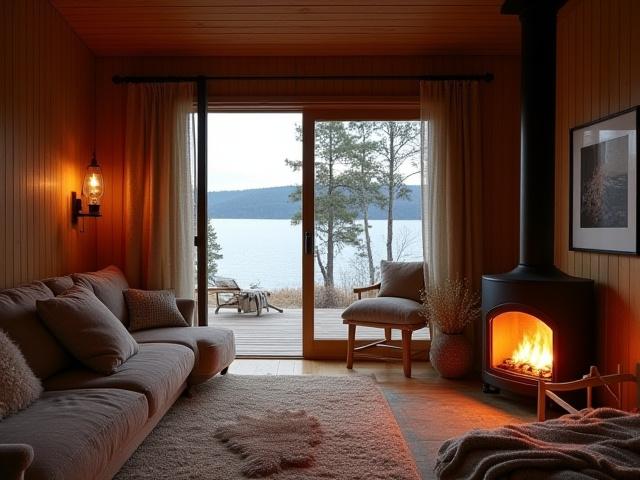 Koselig hytte ved sjøen med nordisk interiør og naturlige materialer.